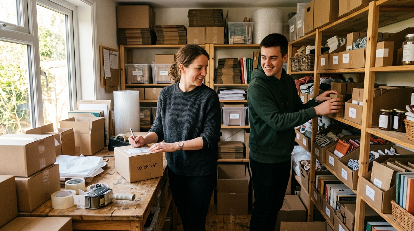 Two people running a small ecommerce operation together in a compact workspace