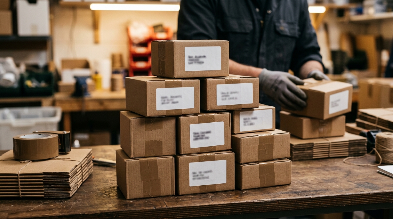 Stacked shipping boxes with address labels at a small ecommerce packing station