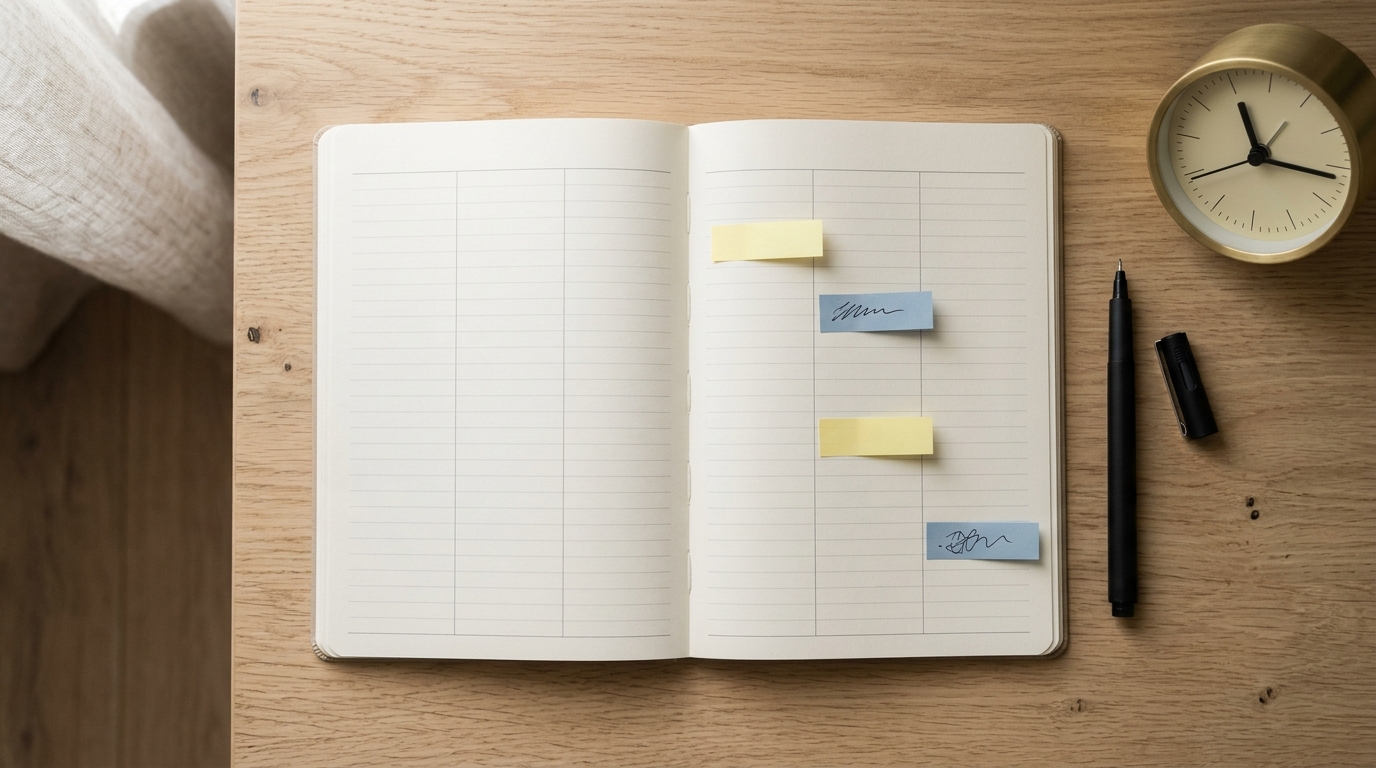 Open paper planner with spaced sticky-note markers laying out an appointment and payment reminder cadence