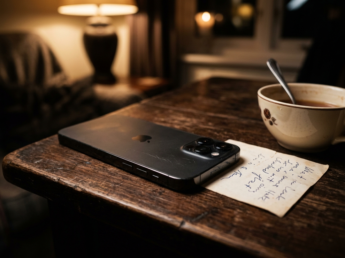 Smartphone resting face-down beside a handwritten note in calm evening light, reminders handled for the day