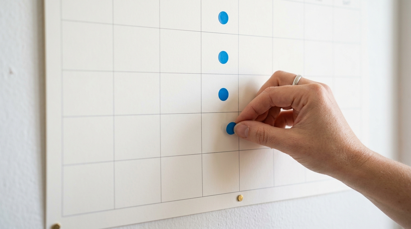 Paper wall calendar with repeating weekly markers representing recurring WhatsApp reminder schedules