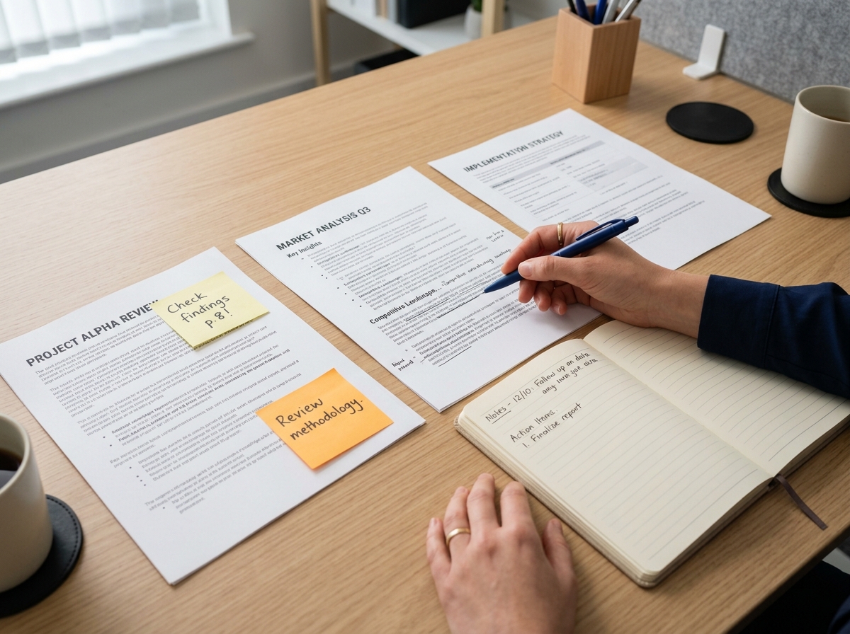 Marketing analyst reviewing printed WhatsApp campaign performance reports spread on a desk