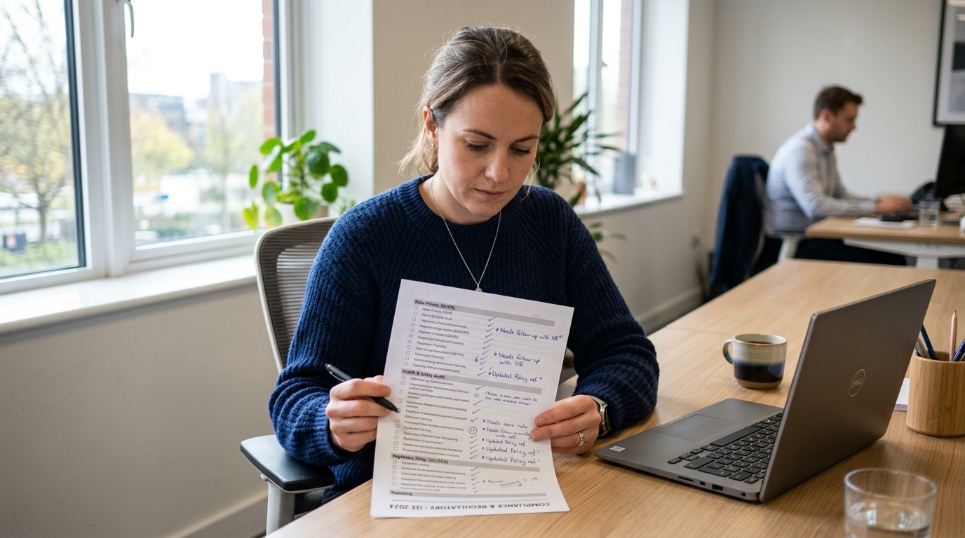 Marketing manager reviewing printed campaign compliance checklist at a tidy office desk