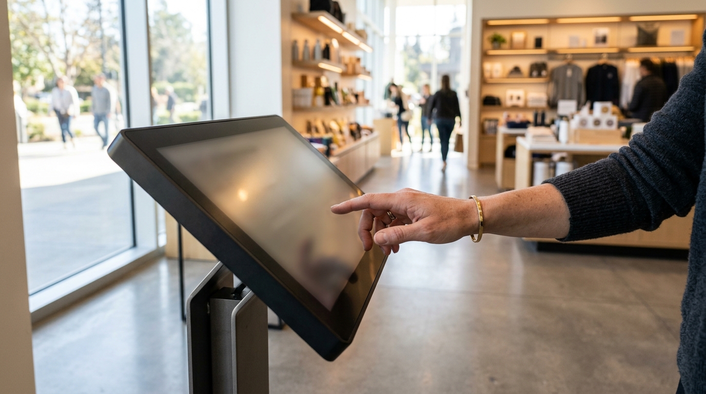 A hand reaching toward a touchscreen kiosk display in a modern retail store