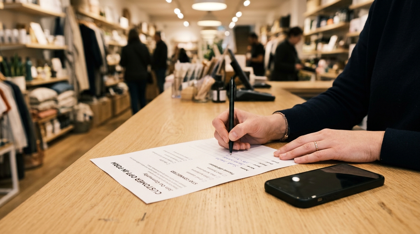Person signing a paper consent form at a retail counter with a phone face-down beside them