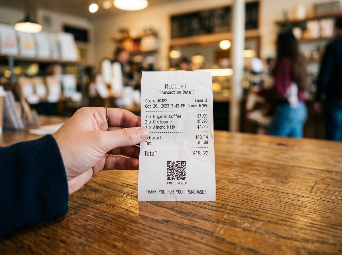 QR code displayed on a product receipt sitting on a wooden retail counter