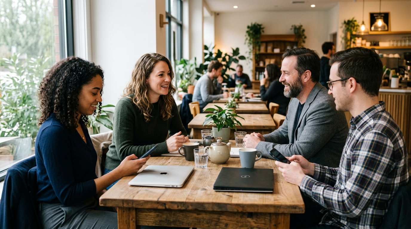 Small group of coworkers around a cafe table, some checking phones, evoking a busy WhatsApp group chat