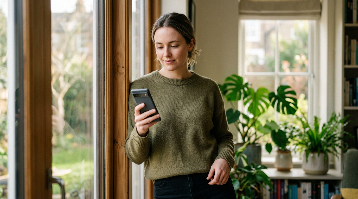 Person glancing at a phone notification on a lock screen without opening the app, near a window