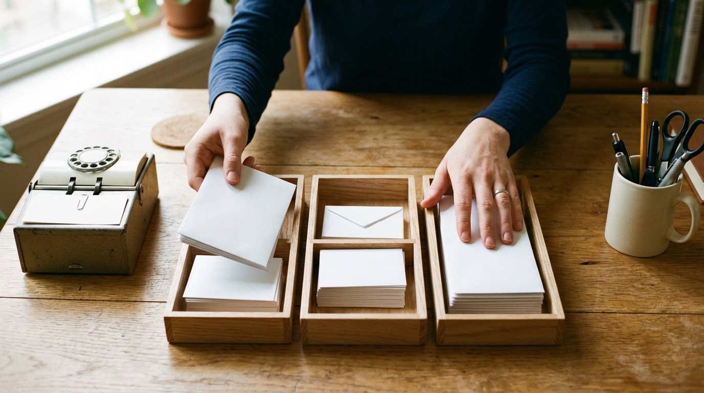 Hands sorting blank envelopes into trays on a desk, evoking organizing audiences and campaigns
