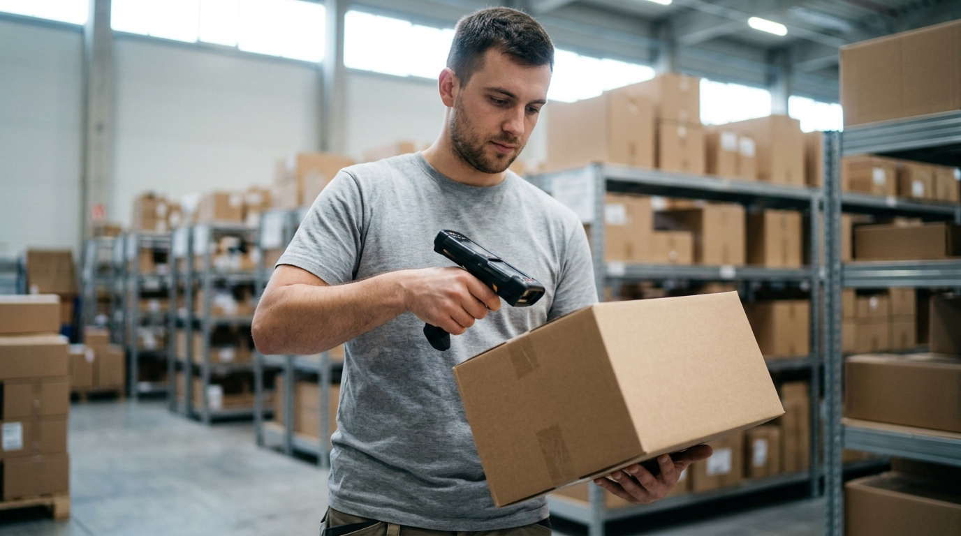 Logistics operations worker in a busy fulfilment area where high-volume WhatsApp Business API notifications would fit