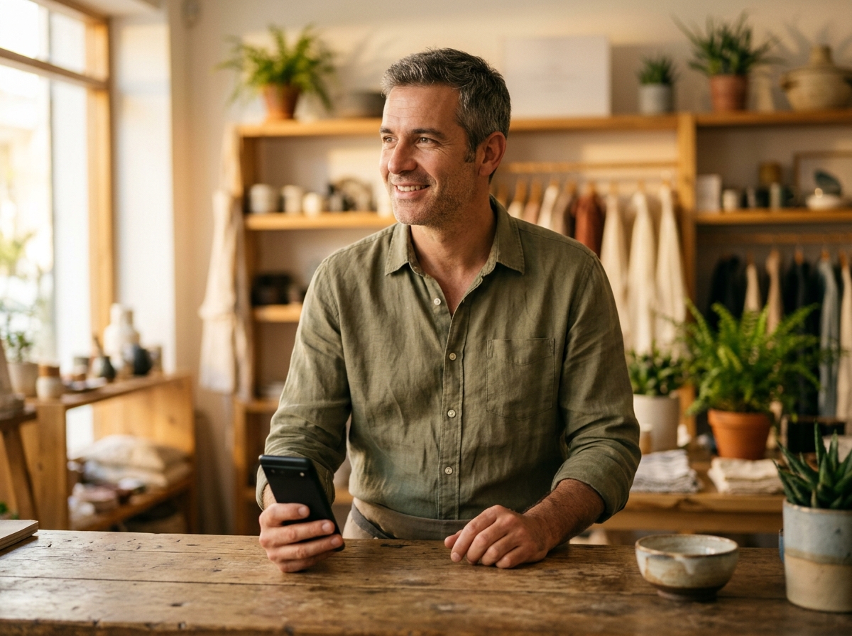 Solo business operator holding a phone at a shop counter, the own-number path for recurring WhatsApp reminders