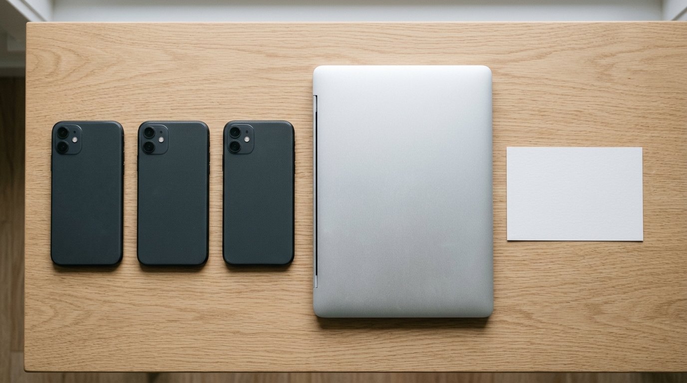 Three smartphones face down beside a closed laptop representing the three WhatsApp sending paths