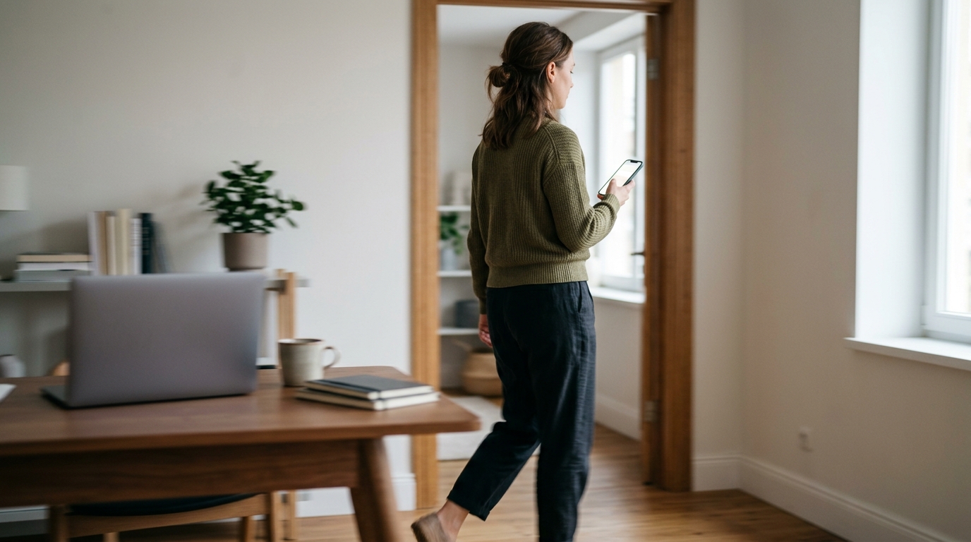 Person walking away from a desk with a phone buzzing in hand, catching a coding agent WhatsApp notification