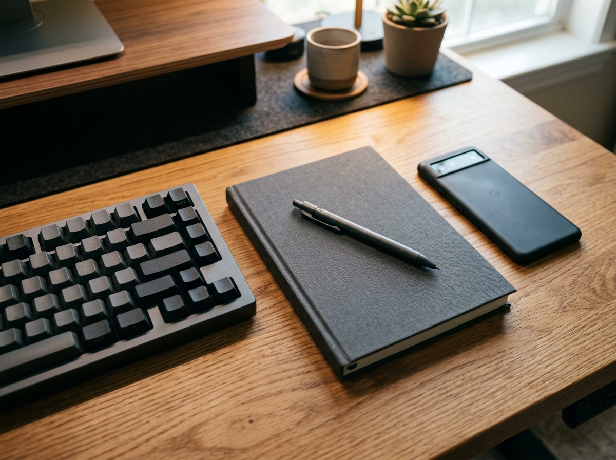 Handwritten notebook of deploy-notification rules on a desk beside a keyboard, planning the Windsurf WhatsApp ping