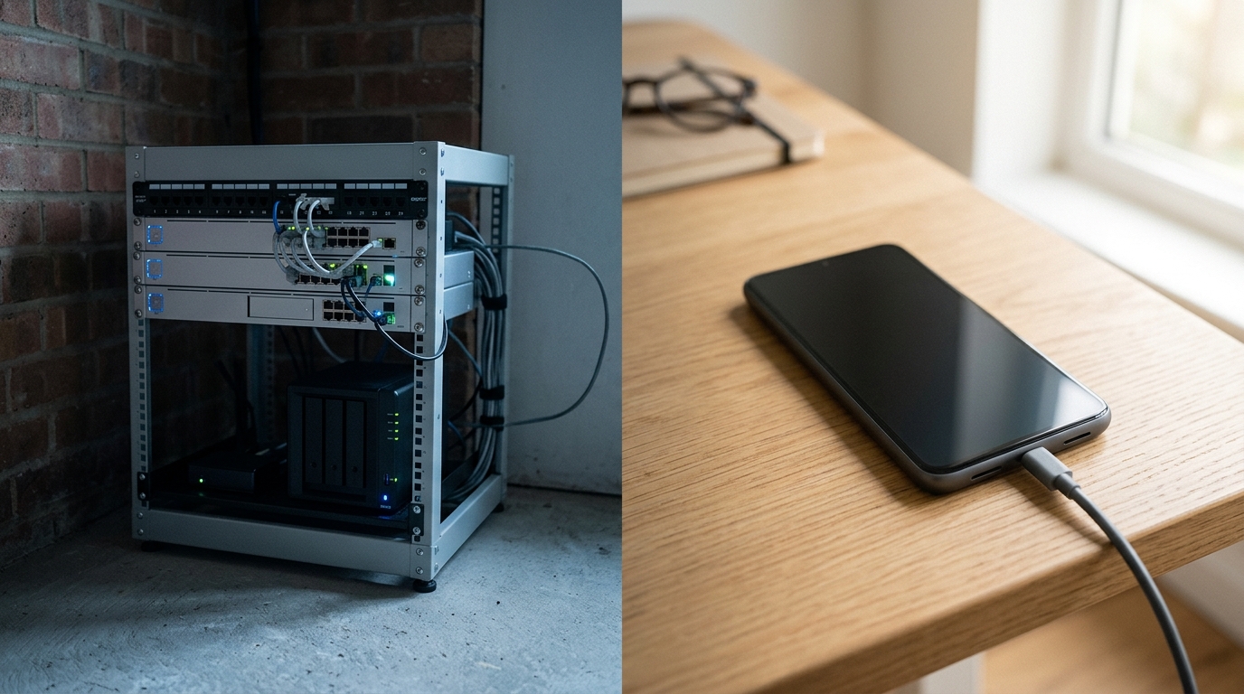 A small server rack on one side and a phone on the other, one hosted endpoint reaching from CI to WhatsApp